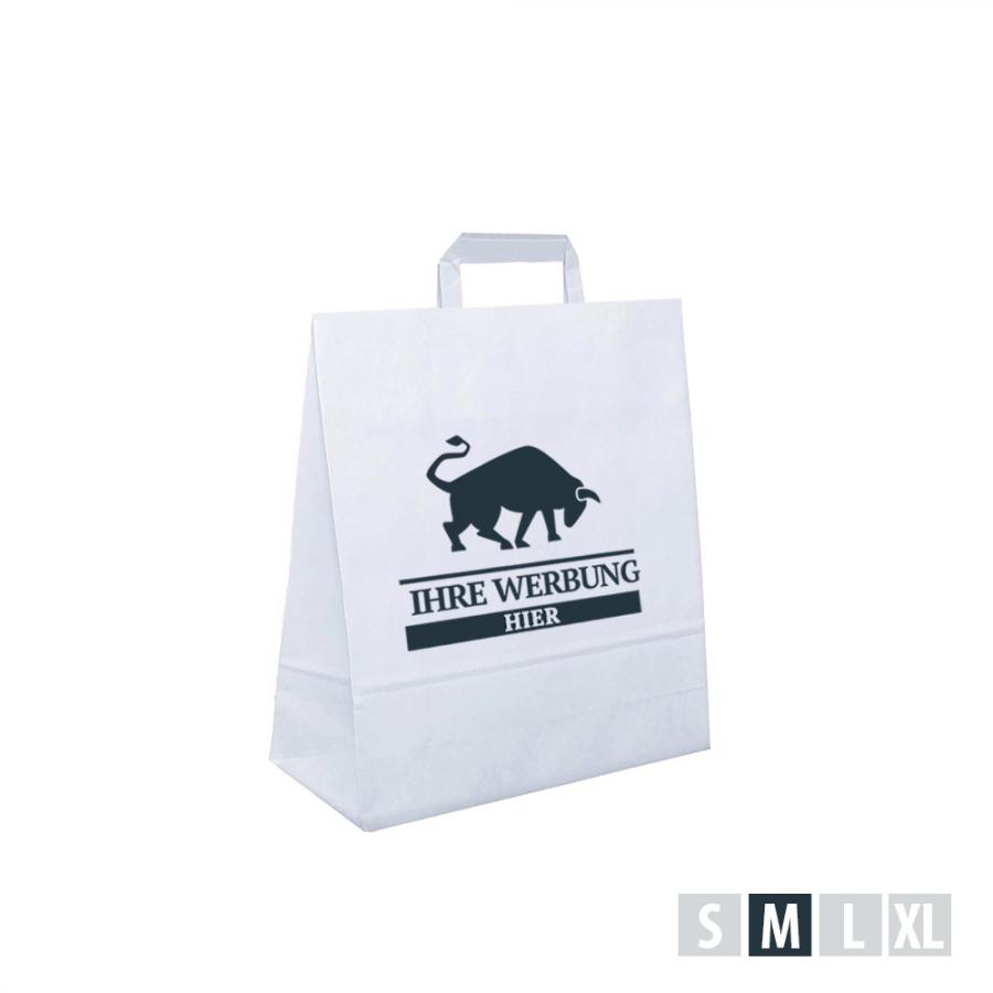 Weiße Papiertragetasche M, bedruckt oder unbedruckt, flacher Henkel
