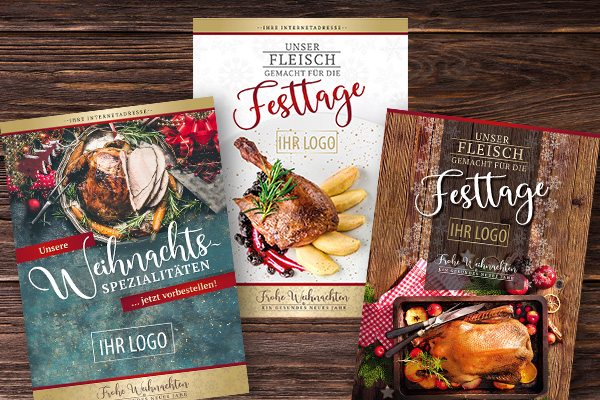 Weihnachtsplakate fr Metzger und Fleischer im Schaufenster mit appetitlichen Motiven